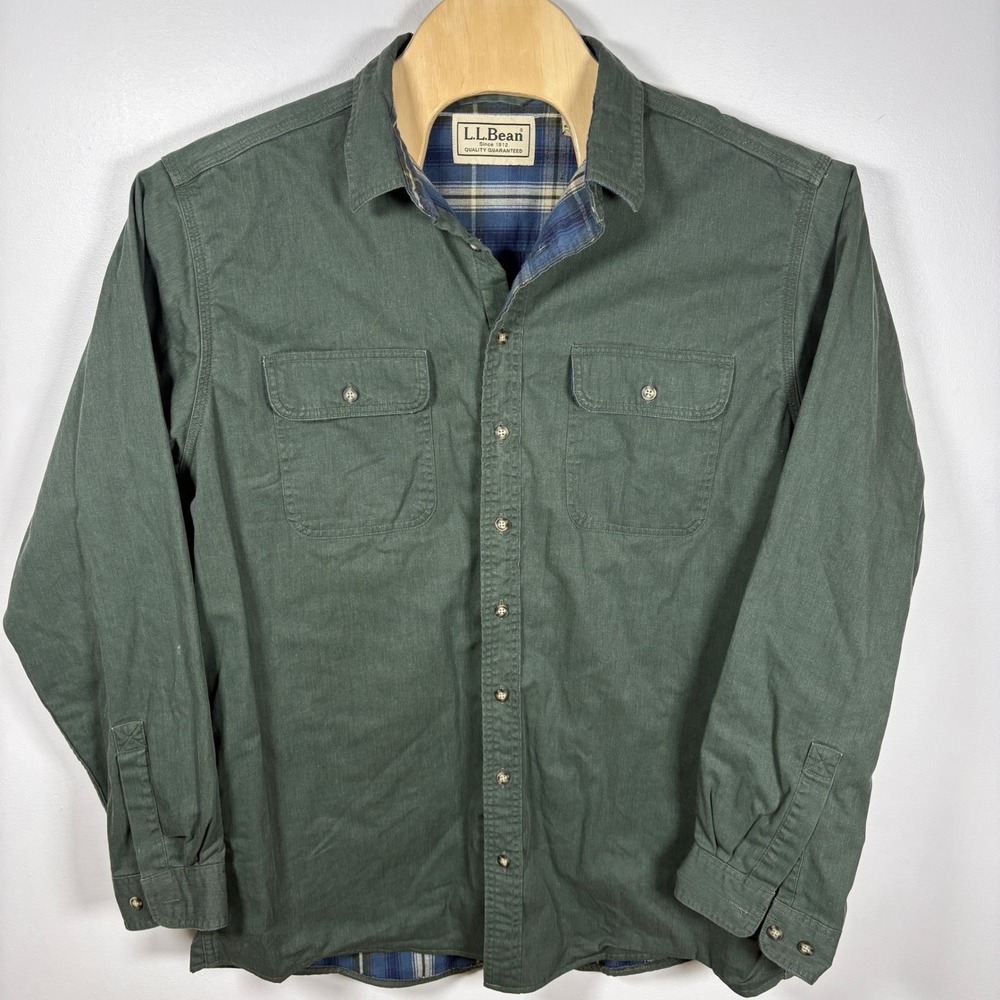LL Bean Flannel Lined Shirt Mens XL Tall Green Canvas Workwear OMS97 Plaid